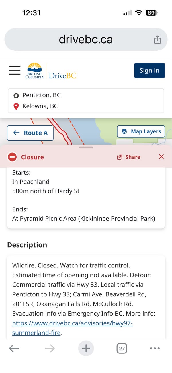Facebook screenshot of DriveBC Highway 97 Summerland fire closure and 201 FSR detour text