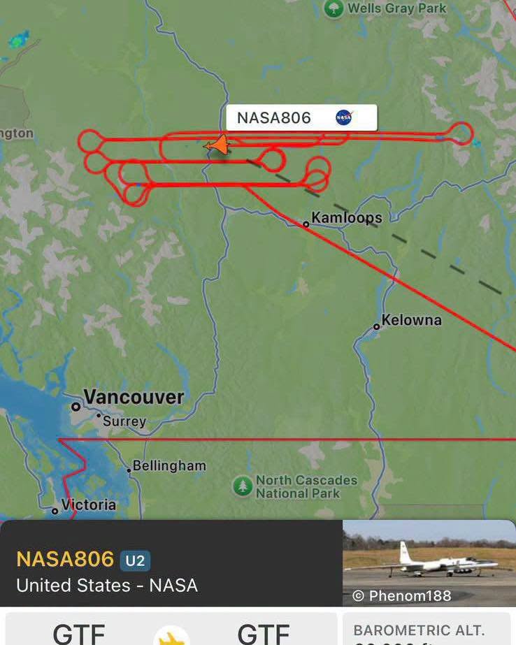 Facebook image of NASA806 aircraft track over British Columbia